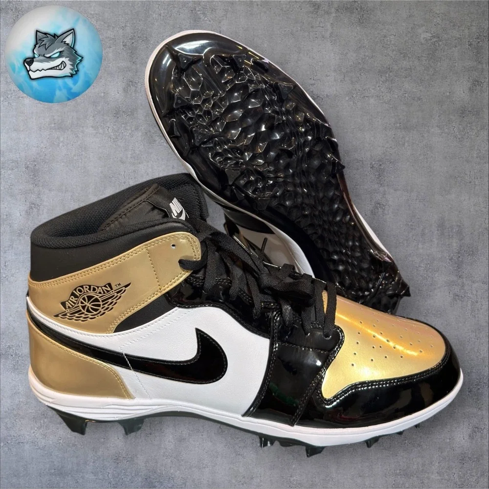 Nike Air Jordan 1 Mid TD Cleat Black Gold Toe Men's Size 17 FJ6805-701 Football